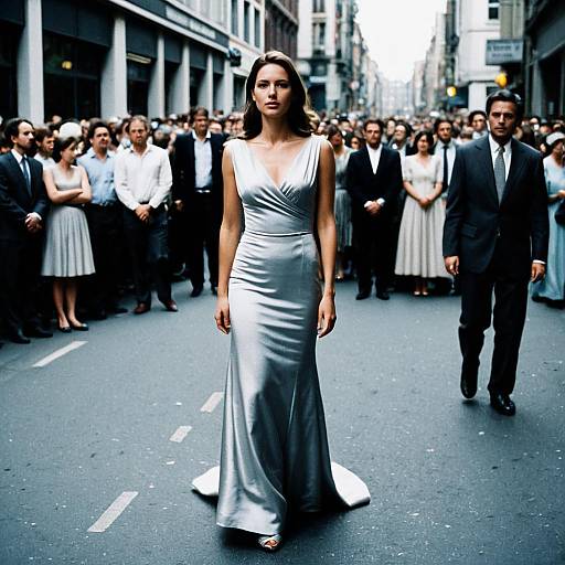 Woman in Silver Gown on Street