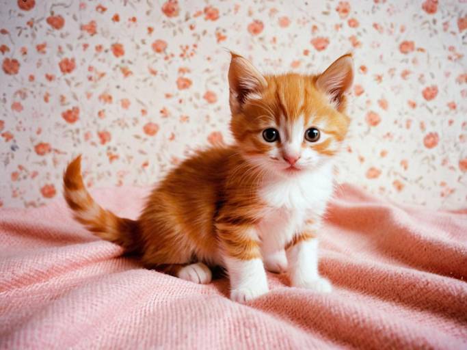 Adorable Orange Kitten on Pink Blanket