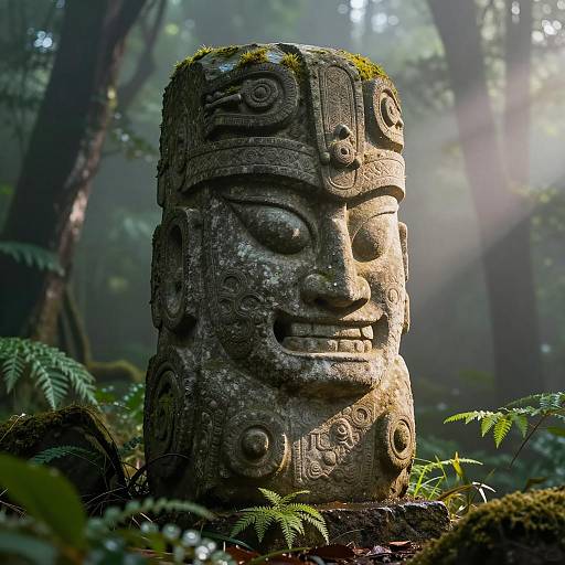 Hyperrealistic Ancient Idol in Misty Rainforest