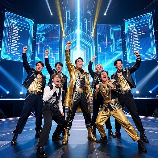 Photograph of a lively male dance troupe with six members, wearing black and gold outfits, raising fists in a futuristic blue-lit stage setting.