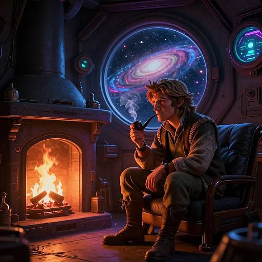 Sci-fi astronaut smoking pipe by a roaring fireplace, with a vibrant galaxy view through a circular window in the background.