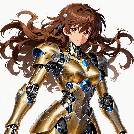 Digital anime-style drawing of a brown-haired woman with long, wavy hair wearing a golden and blue futuristic armored suit, with intense brown eyes, standing