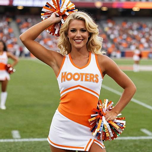 Photograph of a smiling blonde cheerleader in an orange and white Hooters cheerleading uniform, holding orange and white pom-poms, standing on
