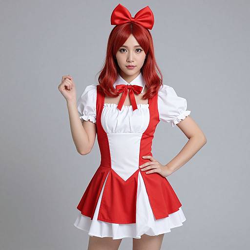 Photograph of a young woman with red hair and fair skin, wearing a white and red cosplay outfit with a large red bow, posing against a plain