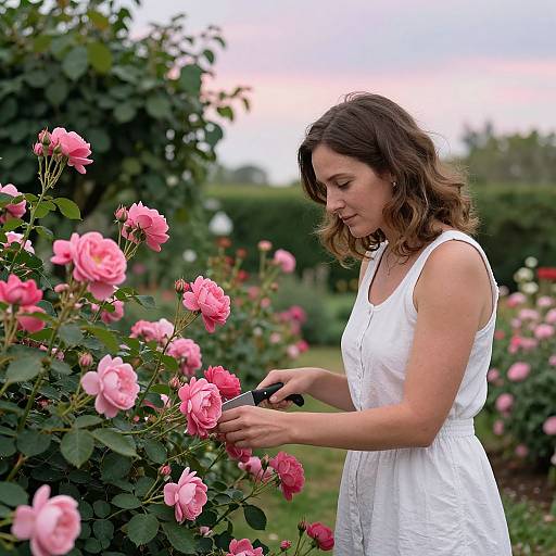 Photograph of a young woman with wavy brown hair, wearing a white sleeveless dress, pruning pink roses in a lush garden.