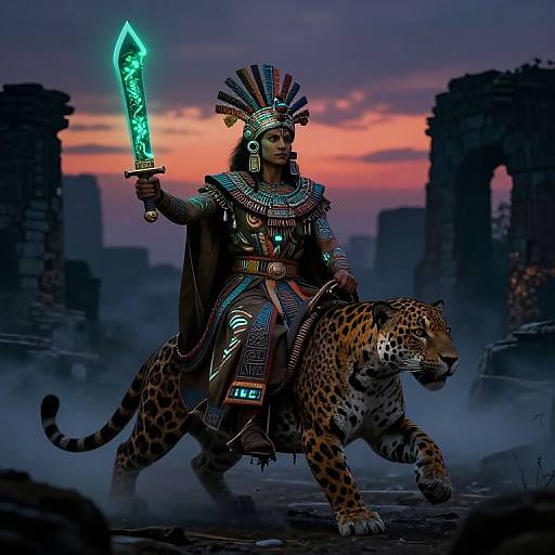 Digital art of a warrior in elaborate Aztec-inspired armor, holding a glowing green sword, riding a leopard, against a twilight ruins backdrop.