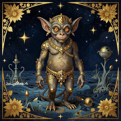 Digital illustration of a dark-skinned, orange-eyed, goblin-like creature adorned with gold jewelry and crown, standing on a starry, surreal,