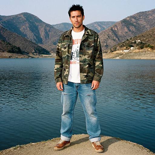 Man in camo jacket standing by reservoir