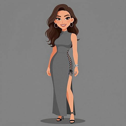 Digital illustration of a confident woman with long brown hair, wearing a sleeveless, gray, high-slit dress, black heels, and silver bracelet,