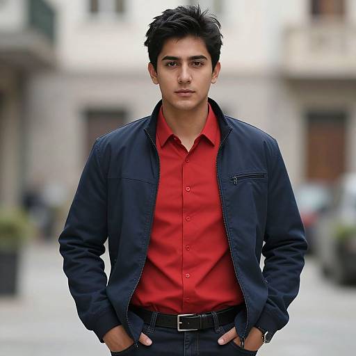 Photograph of a young man with dark hair, wearing a red shirt, black jacket, and black pants, standing confidently with hands in pockets, blurred