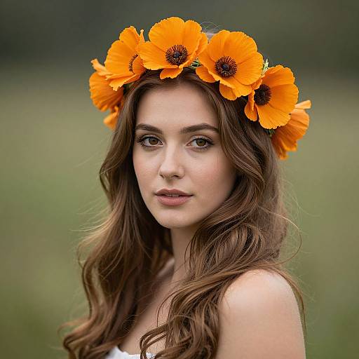 Photograph of a young woman with fair skin, brown wavy hair, wearing a vibrant orange poppy flower crown, against a blurred green field background