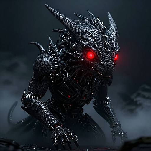 Digital artwork of a menacing, black, metallic, alien creature with red glowing eyes and sharp, spiky armor in a dark, foggy background.