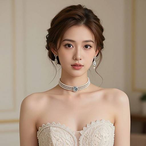 Photograph of an Asian woman with fair skin, dark brown hair in an updo, wearing a strapless lace wedding dress, pearl choker,