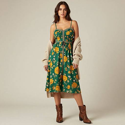 Photograph of a young woman with dark hair, wearing a green sundress with yellow sunflowers, white cardigan, and brown boots, standing against