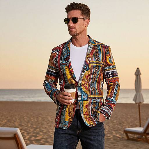 Photograph of a handsome man with short brown hair, sunglasses, white t-shirt, and vibrant, patterned blazer, holding a coffee cup on