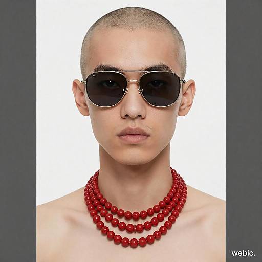 Bald Person Wearing Sunglasses and Red Necklace