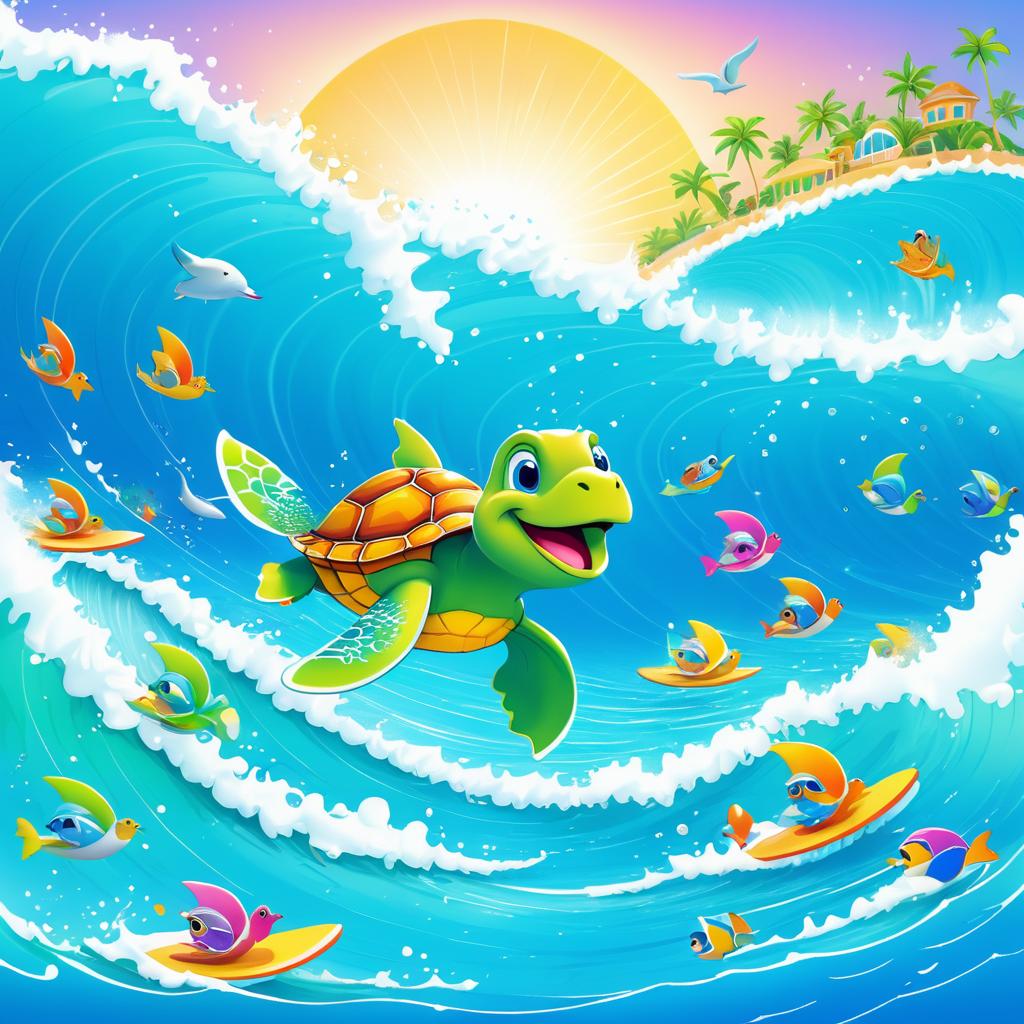 Cheerful Turtle Surfing with Dolphins