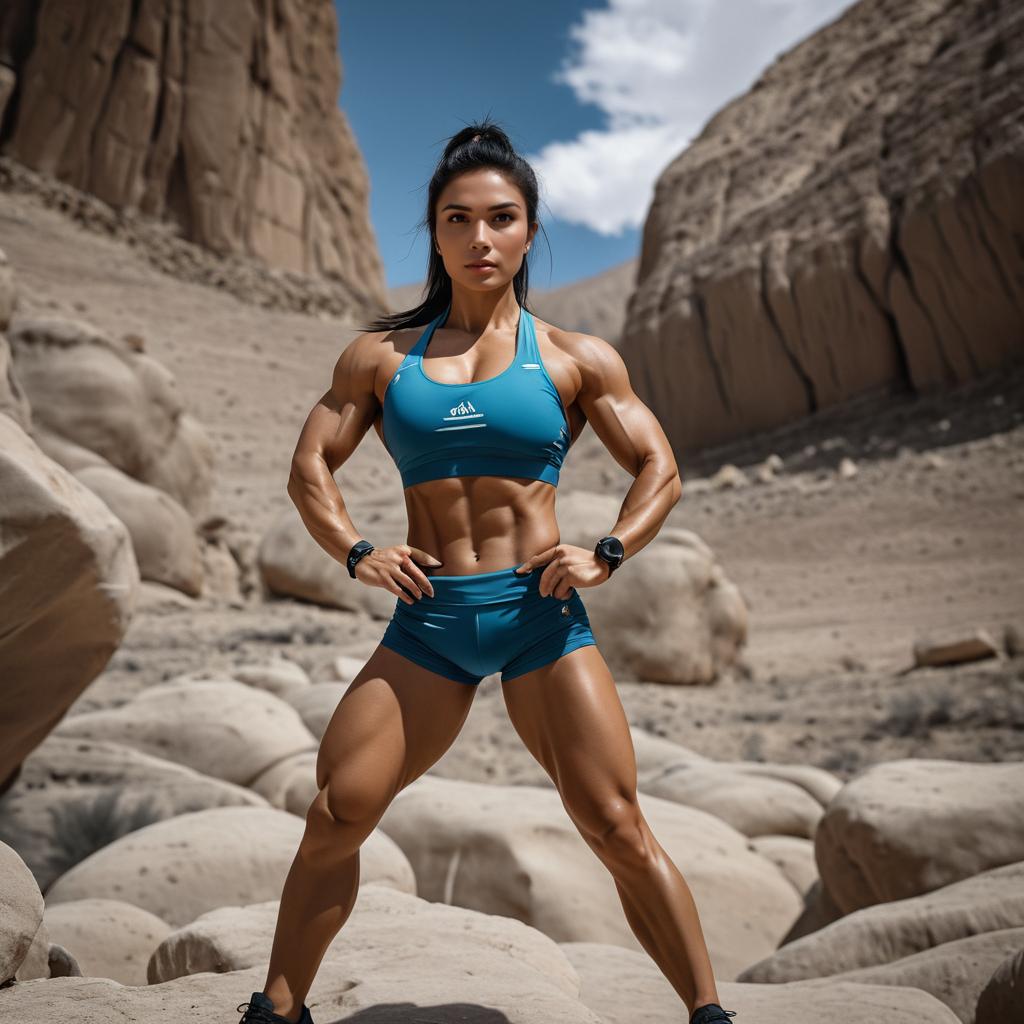 Dynamic Central Asian Woman in Rugged Landscape