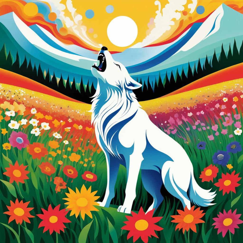 Surreal Wolf Howling Among Flowers