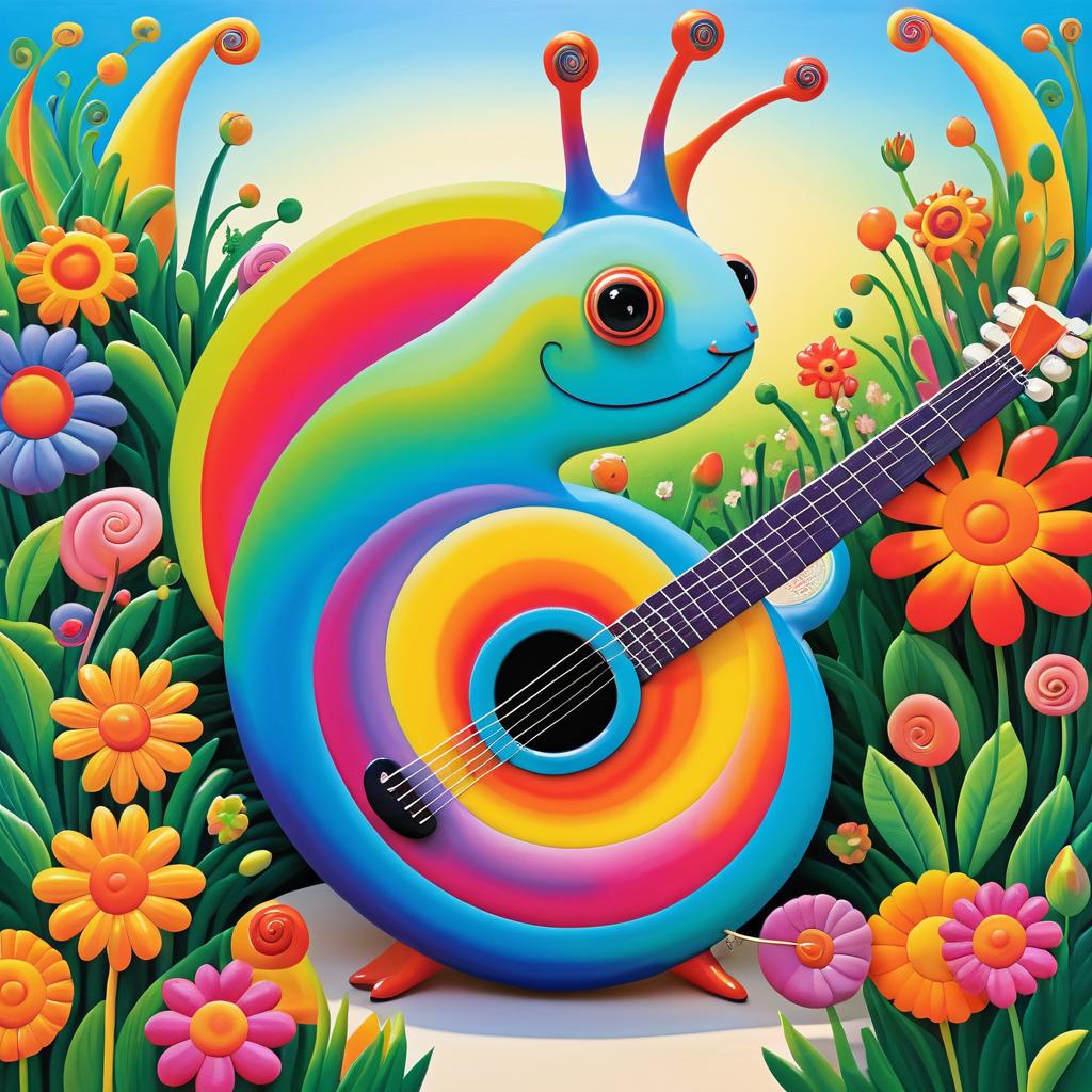 Whimsical Snail Guitarist in Vibrant Garden