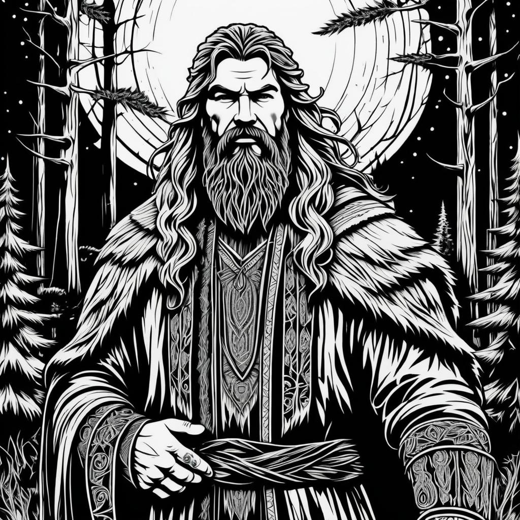 Rugged Druid in Woodcut Style