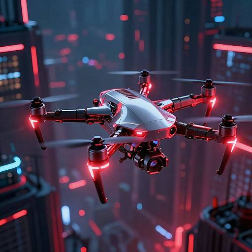 Futuristic Drone Flying Over Neon Sci-Fi City