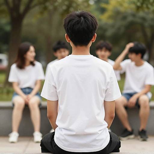 Back View Boys Sitting Outdoors