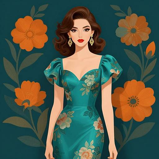 Digital illustration of a red-lipped brunette woman in a teal floral dress, standing against a dark blue background with large orange flowers. She wears gold earrings