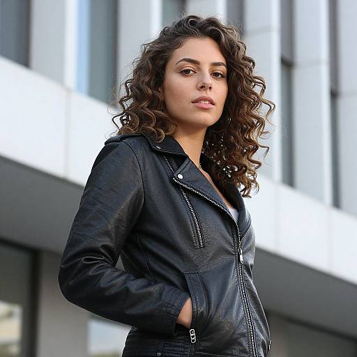 Photograph of a confident woman with curly brown hair, wearing a black leather jacket, standing in front of a modern, white and gray building.