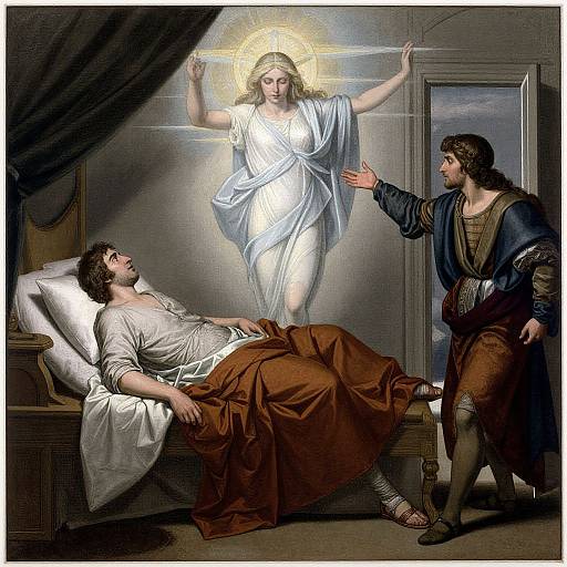 Renaissance-style painting of Jesus in white robe, glowing halo, standing between a bearded man in bed and another with dark hair, blue robe