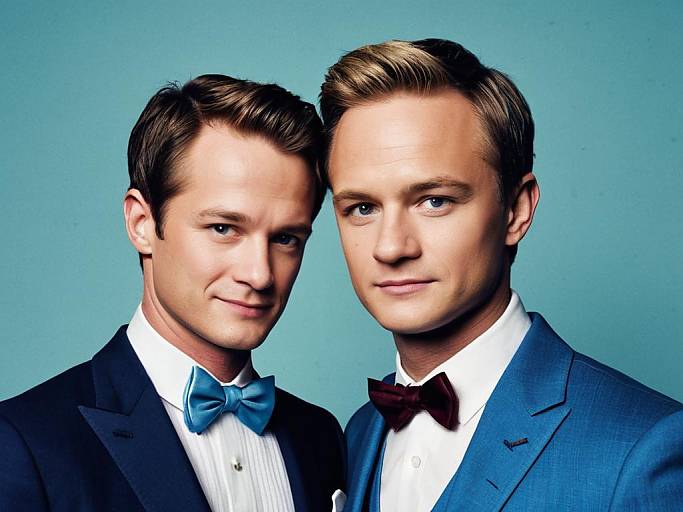 Photograph of two handsome, fair-skinned men with short brown hair, wearing dark blue and light blue suits, white shirts, and bow ties,