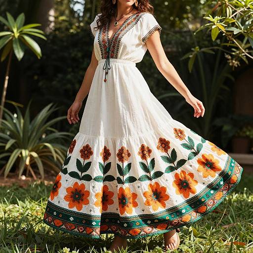 Photograph of a woman in a white dress with orange floral and green embroidery, standing in a sunlit garden with lush greenery.