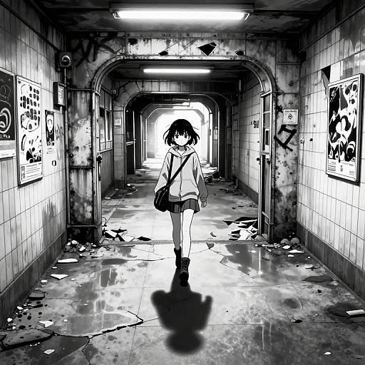 Black-and-white manga-style drawing of a schoolgirl with short dark hair, wearing a uniform, walking down a grimy, graffiti-covered, abandoned tunnel