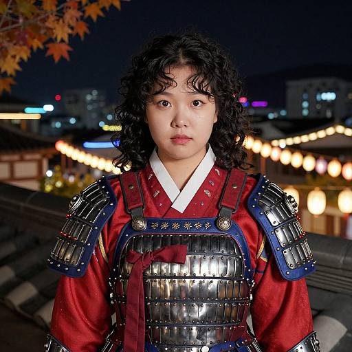 Photograph of a young Asian woman with curly black hair, wearing traditional Japanese samurai armor and red kimono, standing at night with city lights and