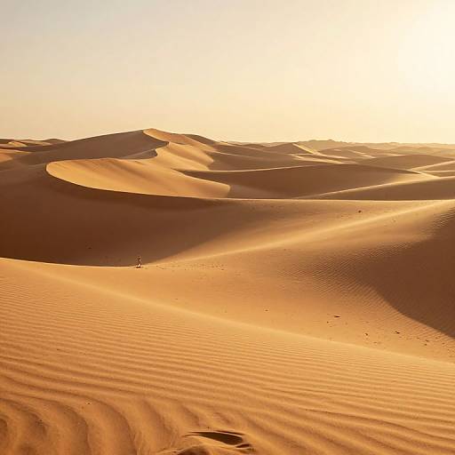 Photograph of a vast, sunlit desert with rippled sand dunes, golden-orange hues, and a small, distant figure walking along the horizon