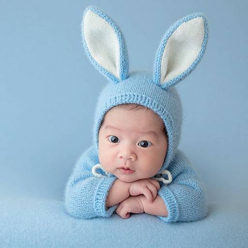 Photograph of a baby with fair skin, wearing a blue knit bunny costume with white-lined ears, lying on a light blue background.