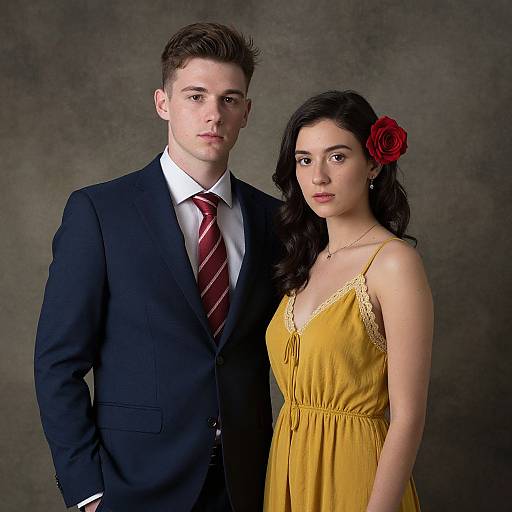 Photograph of a young Caucasian couple; he in a black suit with red tie, she in a yellow dress with red rose, standing against a gray
