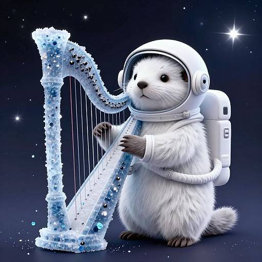Digital illustration of a fluffy white ferret in a space helmet, playing a glowing, ice-blue harp in a starry space background.