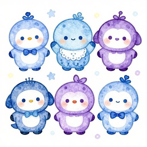 Watercolor illustration of six adorable, chibi-style penguin chicks with blue and purple hues, wearing bows, standing in a grid.