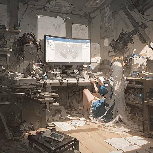 Abandoned Room with Anime Girls and Tech