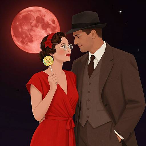 Vintage-style digital illustration of a man in a black suit and fedora, and a woman in a red dress and red star hairpin, holding a