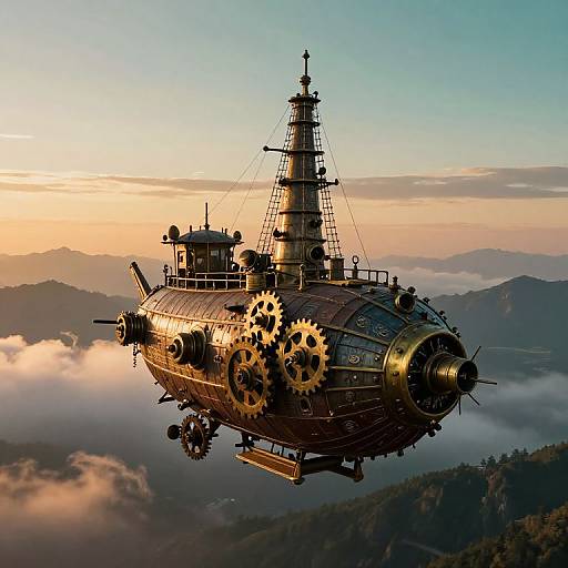 Steampunk Airship Over Mountain Landscape at Sunrise