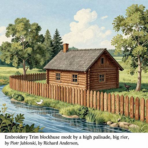 Embroidery Trim Log Blockhouse Scene