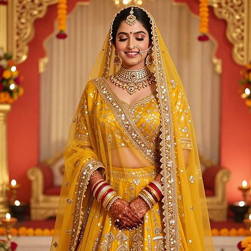 Photograph of a smiling Indian bride in a yellow, gold-embellished lehenga and veil, adorned with intricate jewelry, holding hennaed