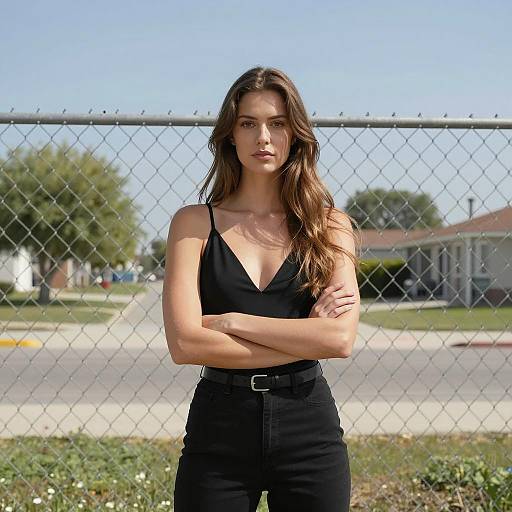 Stylish Woman Posed by Chain-Link Fence