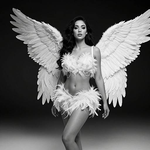 Black-and-white photograph of a confident woman with large, white feathered wings, wearing a white, feathered bikini, standing against a gradient dark background