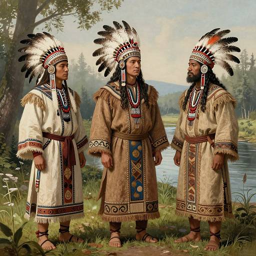 Photograph-style painting of three Native American men in traditional feathered headdresses, beige and brown patterned robes, standing by a river.