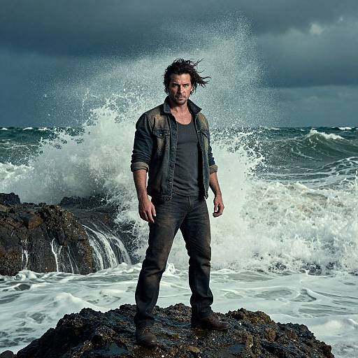 Photograph of a rugged, dark-haired man in a black shirt and jacket standing on rocky shore, waves crashing behind him under a stormy, cloudy