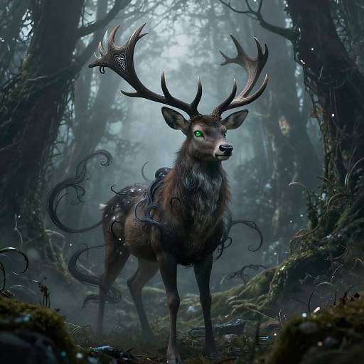 Fantastical digital artwork of a mystical, green-eyed deer with elaborate antlers and swirling black vines in a foggy, enchanted forest.