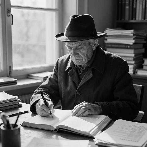 Focused Old Man Writing in Black and White